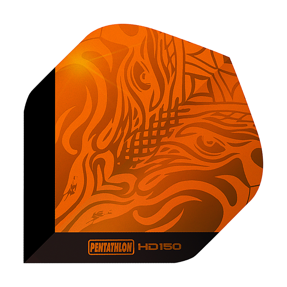 Das Bild zeigt ein Pentathlon HD150 Metallic Orange Standard Flight. Das Design ist orange mit metallischem Glanz und auffälligen Mustern.